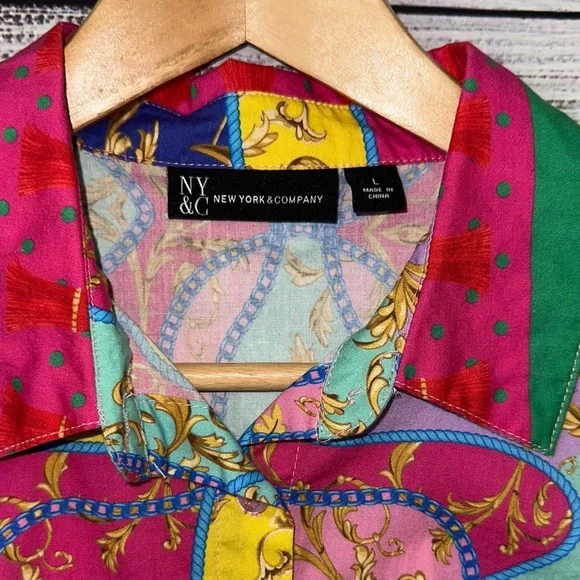 New York & Company Vibrant Multicolor Puff Sleeves Blouse Sz. L - Picture 2 of 8